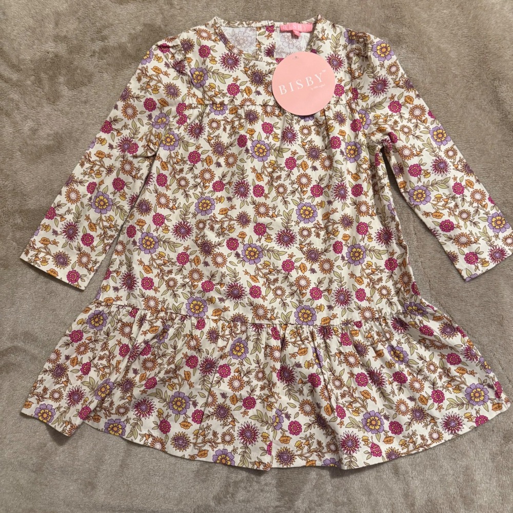 Bisby Kids Girls Floral Drop Waist Dress Long Sleeve Cotton Purple Pink Size 4